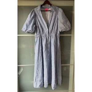 Lilly Pulitzer Tassie Midi Blue Striped Button Front Dress Puff Sleeve Size  10